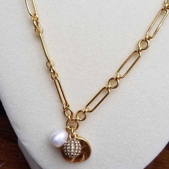 NWT J Crew Paper Clip Chain Charm Necklace Freshwater Pearl Pave Crystal Ball - Picture 1 of 11